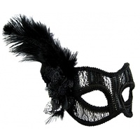 Masquerade Mask - Black Lace w/Feather