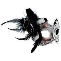 Masquerade Mask Glasses Style Silver w/black Feather