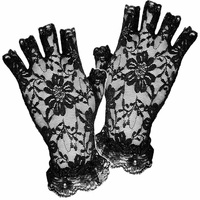 Short Fingerless Lace Gloves - Black