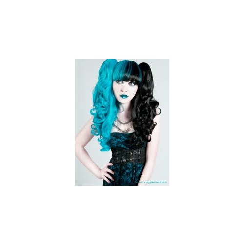 Suicide Girl Black & Aqua Wig with Detachable Clip Ponytails