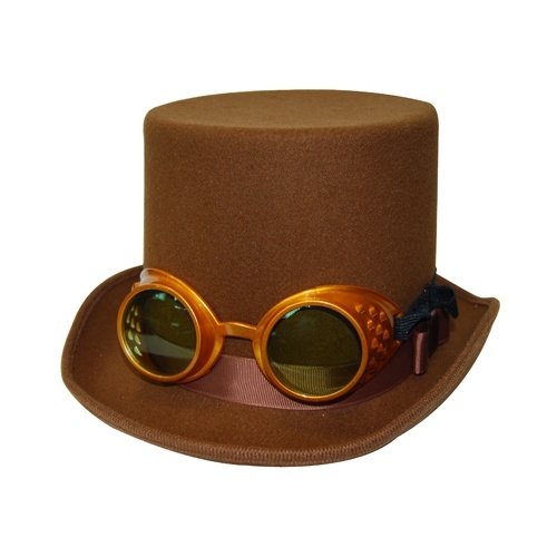 Steampunk Brown Top Hat with Gold Goggles