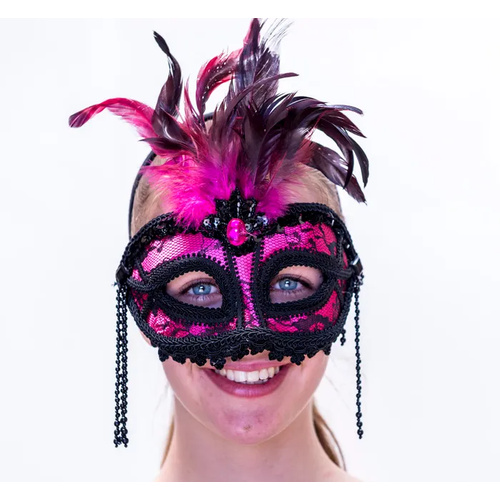 Feather Mask in Pink Black