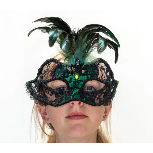 Exotic Black Green Lace & Reather Mask