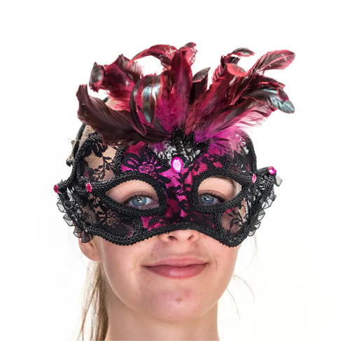 Exotic Black Pink Lace & Feather Mask