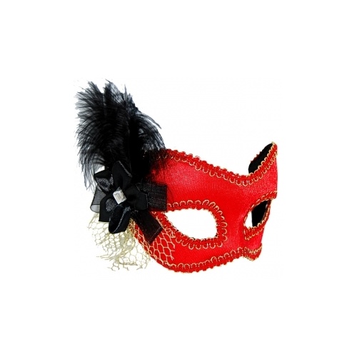  Red, Black & Gold Masquerade Mask Glasses Style w/Black Feather