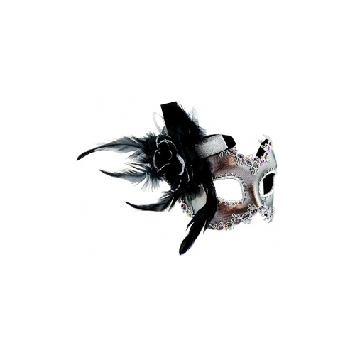 Masquerade Mask Glasses Style Silver w/black Feather