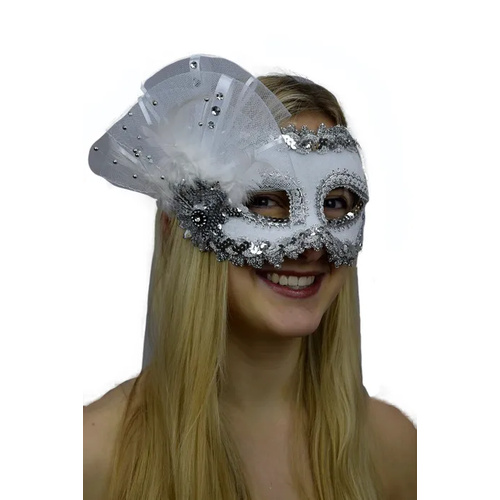 Beguiling Deluxe White Jewel & Feather Headband Mask