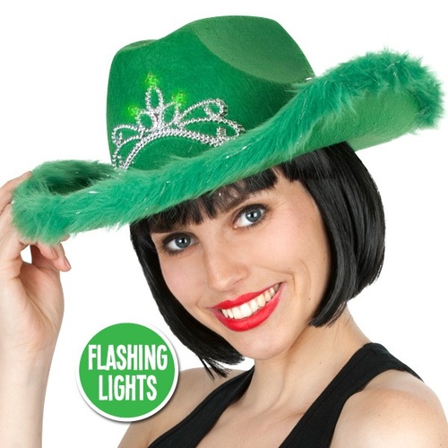 Cowboy Hat Green w/Light Up Tiara & Fluffy Trim