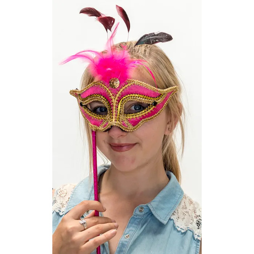 Pink & Gold Venetian Style Stick Mask
