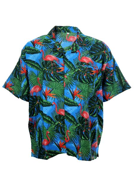 Hawaiian shirt light blue / green palm flamingos