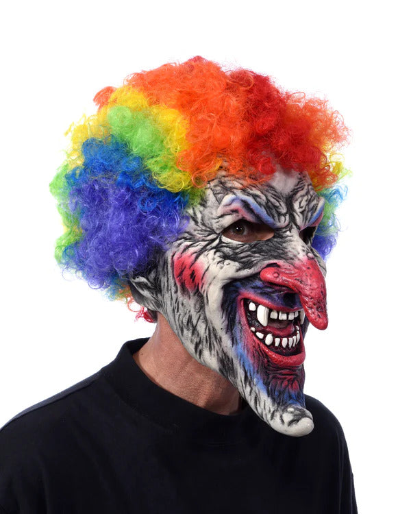 Dastardly, Evil Clown Mask with Attached Rainbow Afro Wig