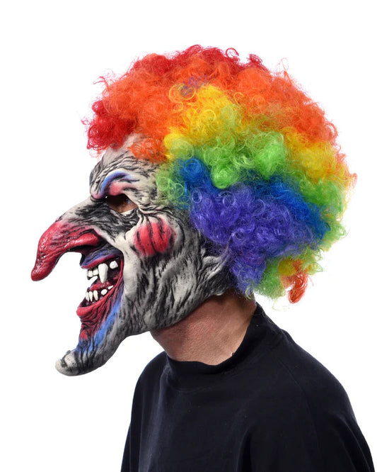 Dastardly, Evil Clown Mask with Attached Rainbow Afro Wig